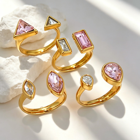 Bagues pour femmes en acier inoxydable, couleur or, avec zircon, forme géométrique simple et étanche 2