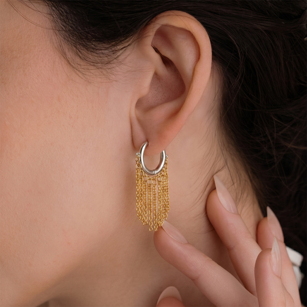 Boucles D'Oreilles Pendantes Pour Femme, Style Décontracté, Avec Chaîne À Pompon, En Acier Inoxydable Étanche, Couleur Or, Collection Simple Series Image3