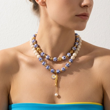 Colliers de perles pour femmes, collection romantique, motif poisson, en céramique dorée