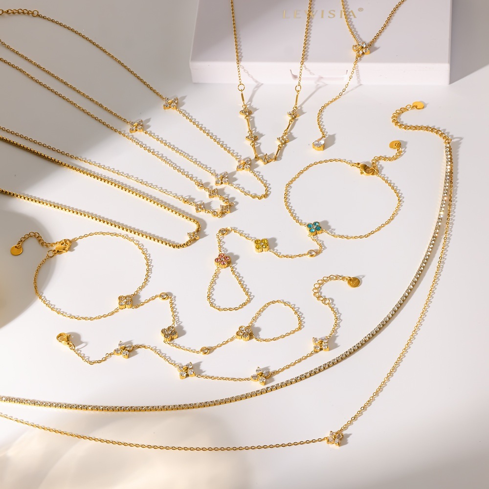 Ensemble De Colliers Pour Femmes, Collection Romantique, Motif Floral Simple, En Acier Inoxydable Étanche Couleur Or Image3