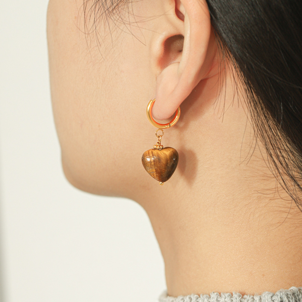 Boucles D'Oreilles Pendantes Pour Femme, Style Simple Series Daily Heart, En Acier Inoxydable, Étanches, Couleur Or, Avec Pompon Et Pierre Naturelle. h5Image6