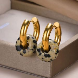 Boucles D'Oreilles Créoles Pour Femmes, Style Rétro, Dégradé De Couleurs, En Acier Inoxydable, Étanches, Couleur Or, Avec Pierre Naturelle. h5 Image3