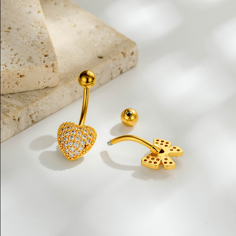 Piercings De Nombril En Zircon Couleur Cuivre Et Or, Motif Fleur, Cœur, Nœud Papillon Et Ailes, Série Simple Image3