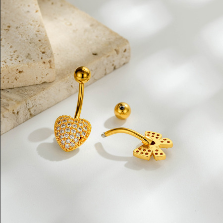Piercings de nombril en zircon couleur cuivre et or, motif fleur, cœur, nœud papillon et ailes, série simple 2