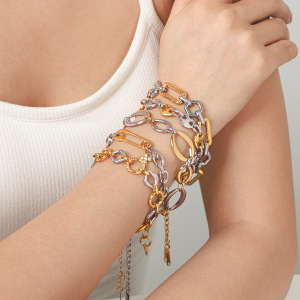 Bracelet Chaîne Simple Pour Femme, Forme Elliptique, En Acier Inoxydable, Couleur Or, Avec Zircon, Idéal Pour Un Usage Quotidien. h5 Image3