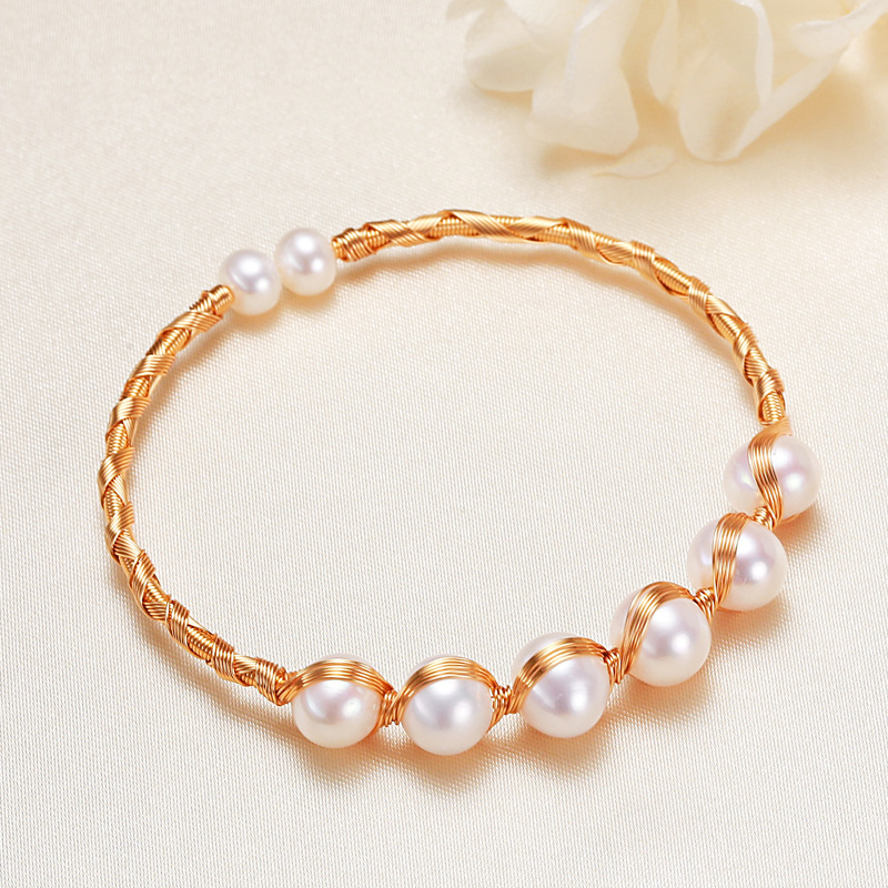 Bracelet De Perles Pour Femme Simple Series Daily Twist Lines, Couleur Or, En Perles D'Eau Douce 