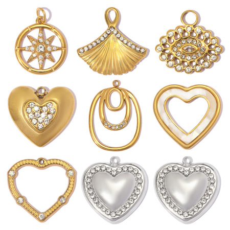 Pendentifs rétro en forme de cœur, en acier inoxydable, étanches, couleur or, avec strass, à faire soi-même pour femmes