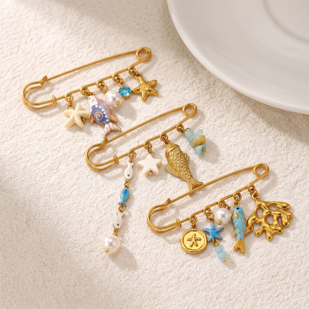 Broches simples en forme de coquillage et d'étoile de mer, en acier inoxydable couleur or