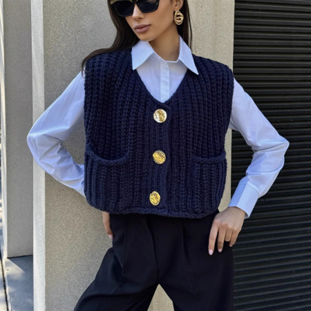 Gilet court sans manches en maille, style streetwear sophistiqué et polyvalent, avec poches