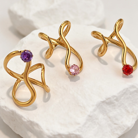 Bagues pour femmes en acier inoxydable de forme simple et irrégulière, étanches, couleur or, serties de zircon. 2