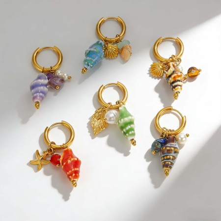 Boucles d'oreilles créoles pour femme, collection romantique, perles de vacances, fil de coquillage, acier inoxydable, couleur or, étanches