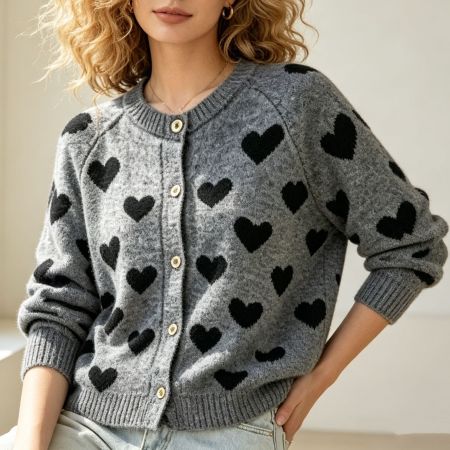 Cardigan à col rond en maille jacquard à cœurs et blocs de couleur 2