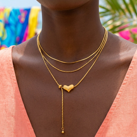 Collier long pour femme, élégant, en acier inoxydable, couleur or, avec chaîne en forme de cœur, collection Simple Series