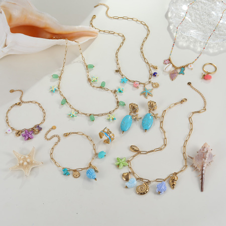 Ensembles de bijoux de luxe pour femmes, en acier inoxydable, couleur or, motif poisson, étoile de mer et corail, collection vacances.