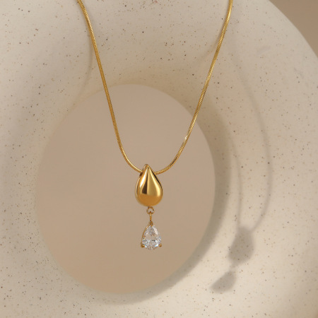 Colliers pendentifs pour femmes en acier inoxydable, étanches, couleur or, avec zircon et motif goutte simple