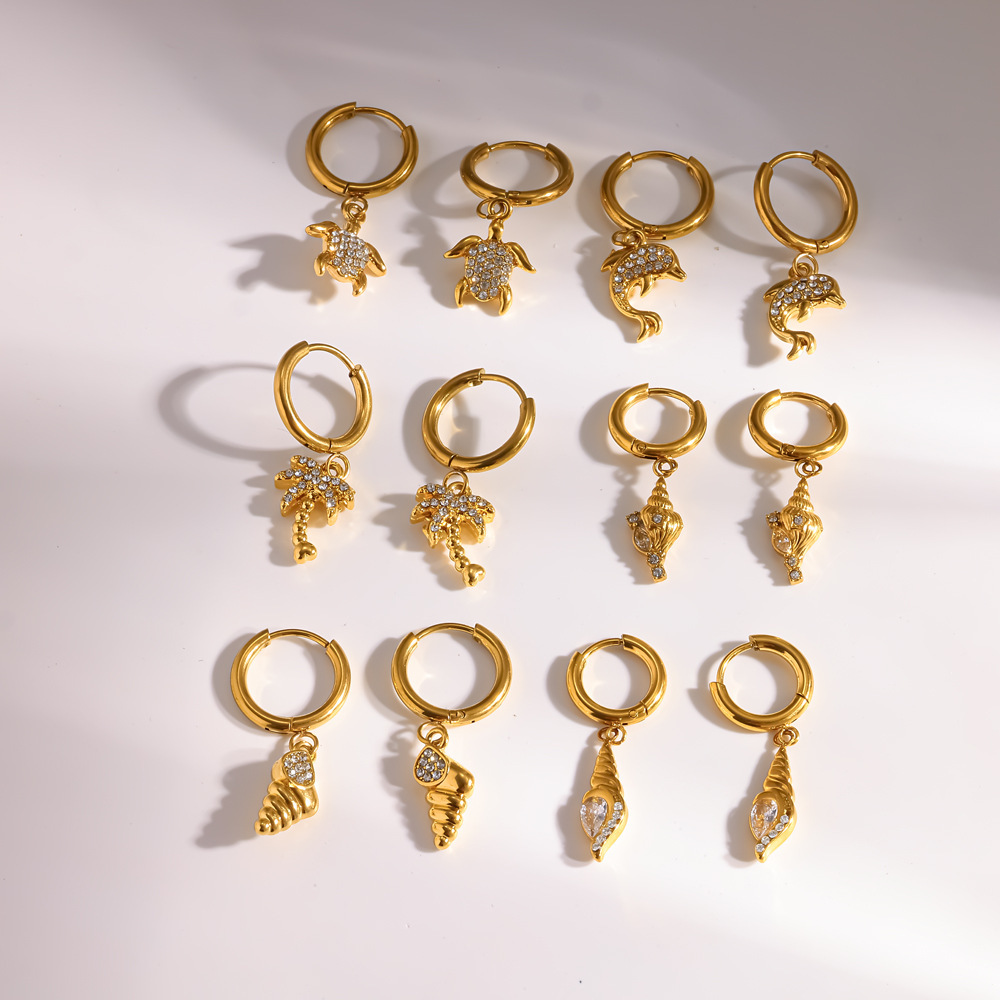 Boucles D'Oreilles Pendantes Pour Femme, Style Océan, En Acier Inoxydable, Étanches, Couleur Or, Ornées D'Étoiles De Mer Et De Strass. Image2