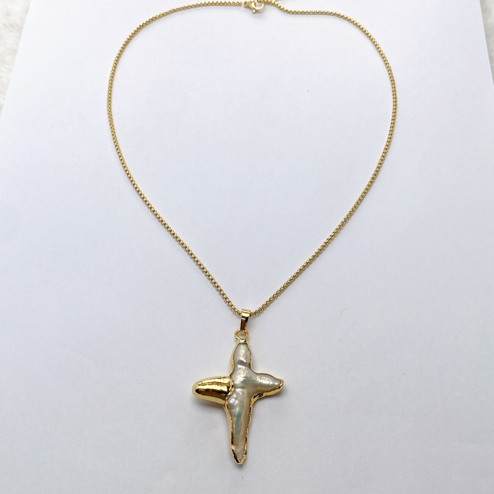 Pendentifs Pour Femmes En Perles D'Eau Douce Couleur Cuivre Et Or, Forme Croix Rétro h5Image3