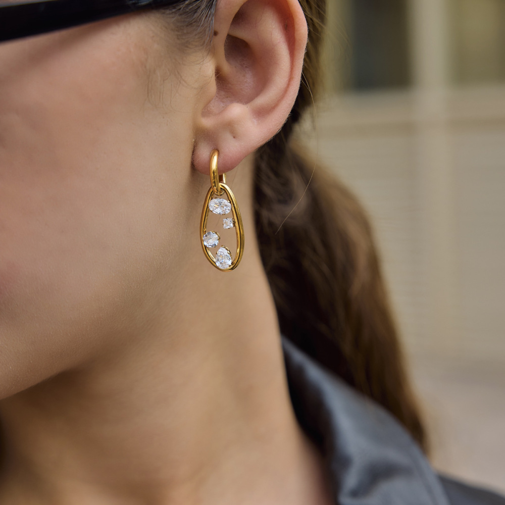 Boucles D'Oreilles Pendantes Pour Femme, Élégantes, En Forme De Cœur Et D'Ellipse, En Acier Inoxydable Étanche, Couleur Or, Collection Romantique Image3