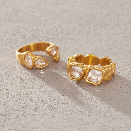 Bagues pour femmes en acier inoxydable doré, imperméables, avec zircon et motif martelé de forme irrégulière et décontractée
