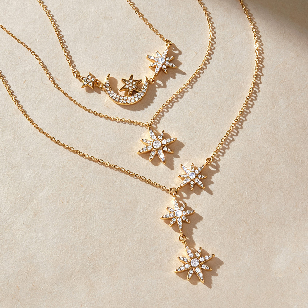 Collier Pendentif Femme Élégant En Acier Inoxydable Couleur Or Avec Zircon, Collection Romantique Et Chaîne Étoile. Image3