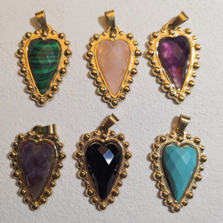 Pendentifs femme rétro en forme de cœur, pierres naturelles, acier inoxydable couleur or 2