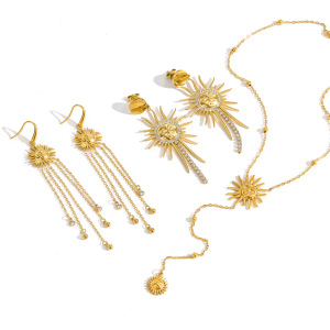 Ensemble De Boucles D'Oreilles Pour Femmes, Style Rétro, Avec Pompon Soleil, En Acier Inoxydable Étanche, Couleur Or Et Strass. h5 Image4