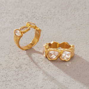 Bagues Pour Femmes En Acier Inoxydable Doré, Imperméables, Avec Zircon Et Motif Martelé De Forme Irrégulière Et Décontractée h5 Image2