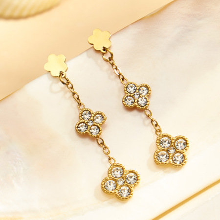 Boucles d'oreilles pendantes pour femme, élégantes et raffinées, en acier inoxydable doré, ornées de zircon et d'un motif floral. Collection Luxueuse. 2