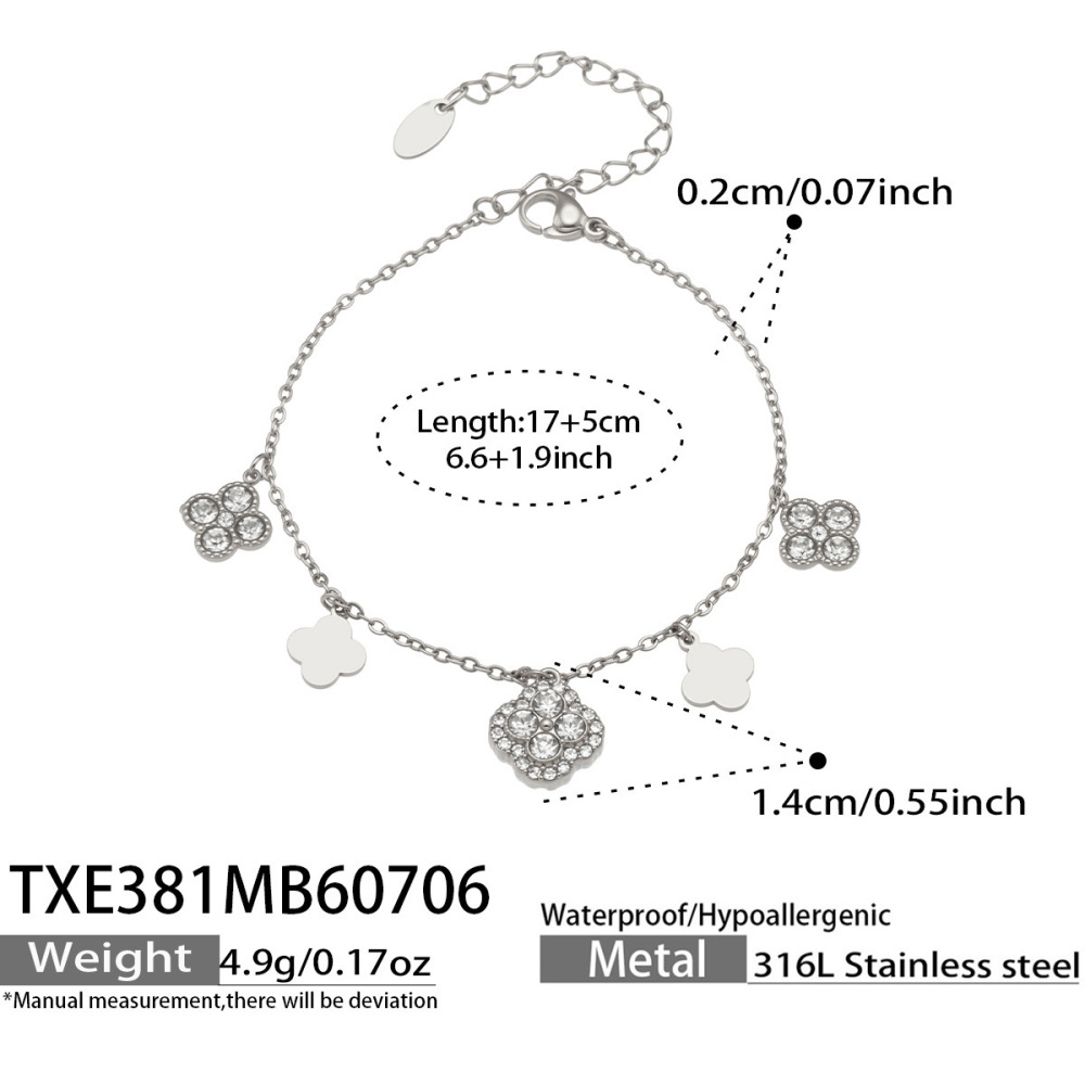 Bracelet À Breloques Pour Femme, Élégant Et Raffiné, En Acier Inoxydable, Couleur Or, Orné De Zircon Et Orné D'Un Trèfle Doré. Collection Luxueuse.