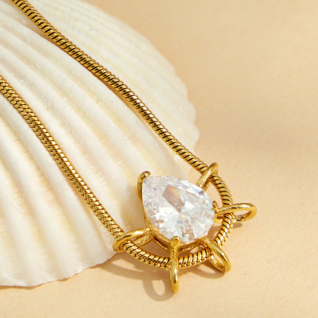 Colliers pendentifs pour femmes en acier inoxydable, couleur or, avec zircon en forme de goutte elliptique simple. 2