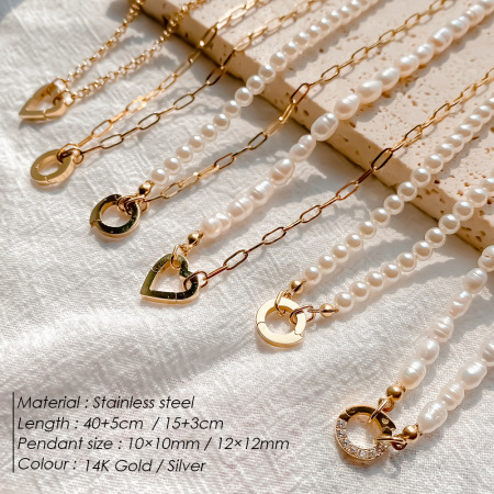 Chaîne en forme de cœur, cercle, acier inoxydable, imperméable, couleur or, perles d'eau douce, apprêts pour bijoux de la série Simple DIY 2