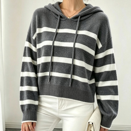 Pull à capuche rayé minimaliste et décontracté pour femme, en maille, polyvalent 2