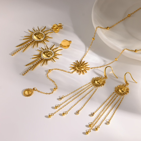 Ensemble de boucles d'oreilles pour femmes, style rétro, avec pompon soleil, en acier inoxydable étanche, couleur or et strass. 2