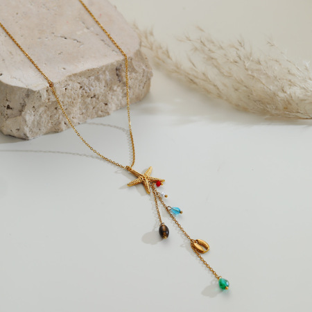 Collier pendentif femme Simple Series Vacation Chain Étoile de mer Corail Acier inoxydable étanche 2