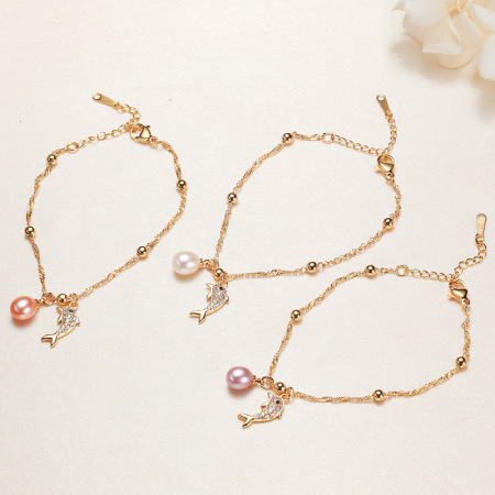 Bracelet de perles pour femme, collection Romantique, motif animal quotidien, trèfle et poisson, couleur or. 2