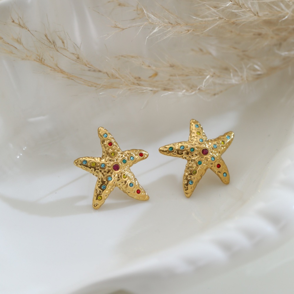 Boucles D'Oreilles Clous En Acier Inoxydable Imperméable Couleur Or, Série Romantique Daily Star Star, En Forme D'Étoile De Mer. Image3