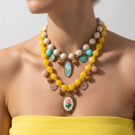 Colliers de perles pour femmes, collection romantique, motif floral délicat, forme elliptique, acrylique couleur or