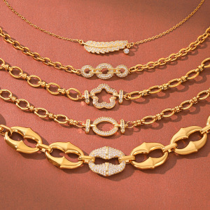 Bracelet Chaîne Femme En Acier Inoxydable Étanche Couleur Or Avec Zircon, Forme Ellipse Florale De Luxe Pour Tous Les Jours h5 Image4