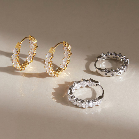Boucles d'oreilles créoles élégantes en forme d'ellipse, en acier inoxydable, couleur or, avec zircon, pour femme, collection Luxueuse.