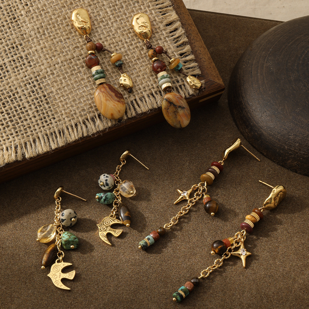 Boucles D'Oreilles Bohèmes Ethniques En Perles Et Pierres Naturelles Pour Femmes Image3