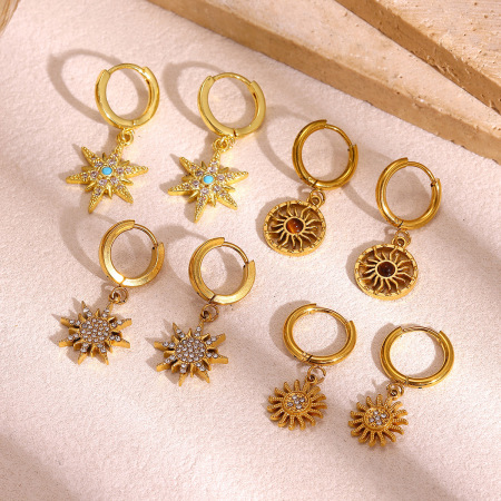 Boucles d'oreilles pendantes pour femme, style rétro, forme irrégulière, soleil, en acier inoxydable étanche, couleur or, collection Simple Series 2