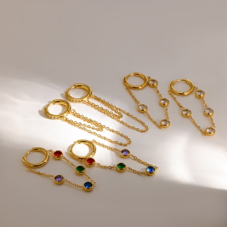 Boucles d'oreilles pendantes pour femmes, en acier inoxydable étanche, couleur or, avec pompon et strass.