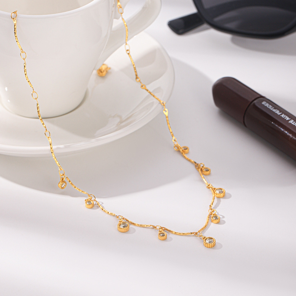 Colliers Pendentifs Pour Femmes, Collection Simple, Avec Pompon Rond, En Acier Inoxydable Étanche, Couleur Or Et Zircon. h5Image5