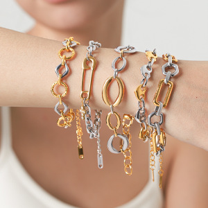 Bracelet Chaîne Simple Pour Femme, Forme Elliptique, En Acier Inoxydable, Couleur Or, Avec Zircon, Idéal Pour Un Usage Quotidien. h5 Image4
