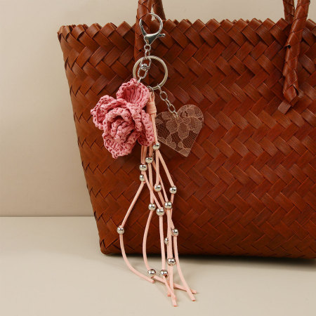 Breloques de sac en raphia tissé, couleur unie, à pompon, style décontracté, motif floral simple 2