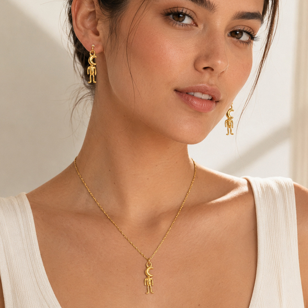 Boucles D'Oreilles Pendantes Pour Femme, Motif Lune Et Animaux Mignons, En Acier Inoxydable, Étanches, Couleur Or, De La Série Simple. Image3
