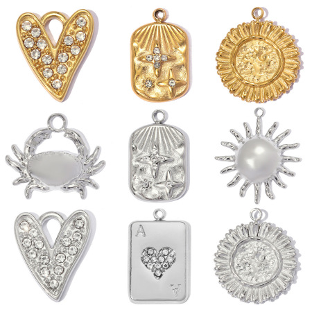 Pendentifs DIY pour femmes en acier inoxydable, couleur or, en forme de cœur et de soleil, étanches, avec strass.