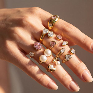 Bagues Pour Femmes En Acier Inoxydable Étanche, Forme Irrégulière, Ornées De Zircon Et Serties De Pierres Précieuses, Collection Luxe. h5 Image2