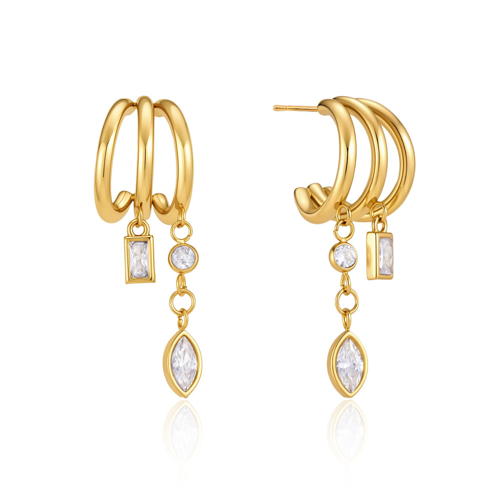 Boucles D'Oreilles Pendantes Pour Femme, Collection Luxueuse, Forme Irrégulière Décontractée, Pompon, Acier Inoxydable Étanche, Couleur Or, Zircon. Image6