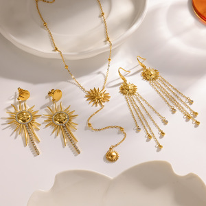 Ensemble De Boucles D'Oreilles Pour Femmes, Style Rétro, Avec Pompon Soleil, En Acier Inoxydable Étanche, Couleur Or Et Strass. h5 Image3